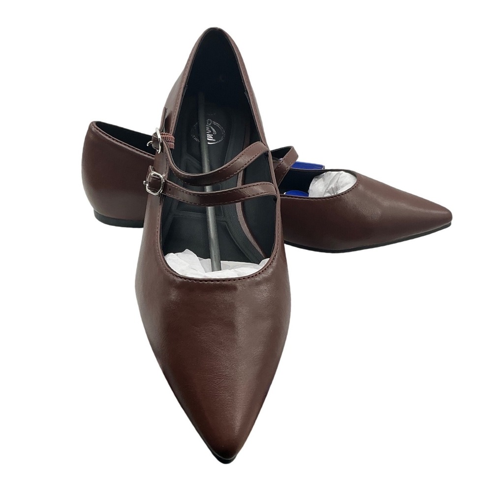 Trary Brown Faux Leather Pointed Toe Double Strap Mary Jane Flats Size 11 NEW
